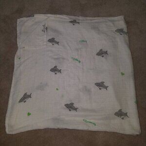 CocoMoon Sharks Bones Hearts Muslin Swaddle Blanket Gray White Green 46x47